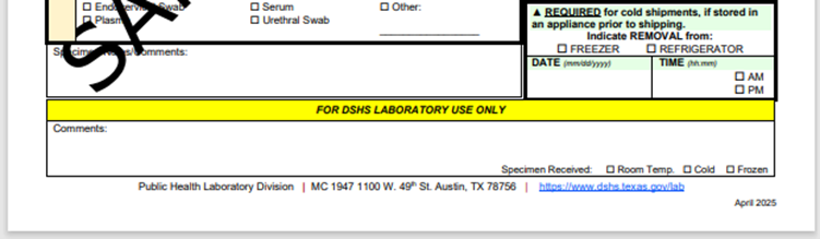 IMPORTANT NOTICE FOR TEXAS HEALTH STEPS PROVIDERS ***Use the new April 2025 Patient Submission Forms*** Effective immediately, all providers who submit lead, hemoglobin, glucose and lipid specimens to DSHS Public Health Laboratory must use the April 2025 version of the G-THSteps or G1-B specimen submission forms that contains your new 8-digit submitter ID number. Using the new form ensures timely processing, reduces extra work, and prevents testing delays.  What You Must Do: •	Remove and destroy all outdated G-THSteps and G1-B patient submission forms. •	Use only the APRIL 2025 form for every THSteps specimen submission.
