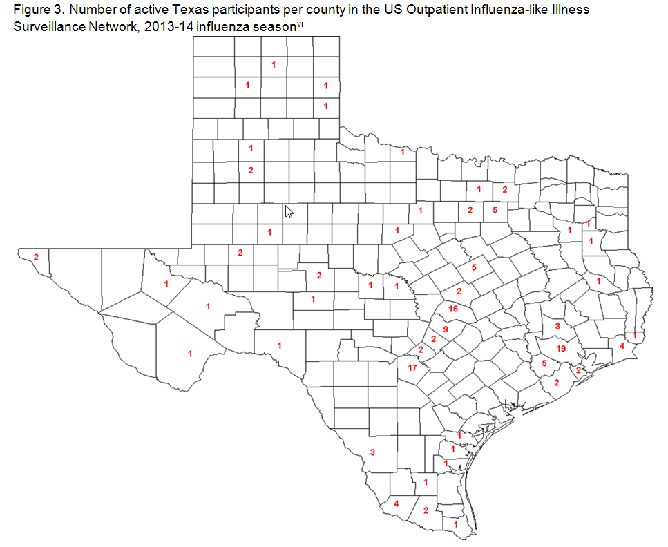 Figure 3: Number of active Texas participants per county in the US Outpatient Influenza-like Illness Surveillance Network, 2013-14 influenza season