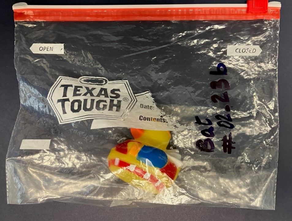 "An overhead image of a closed, transparent zip-seal bag with a toy yellow rubber ducky inside it . A specimen identification code is written in large dark letter on the zip-seal bag. The identification code reads: Bat #02_23b"