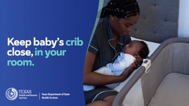 Mom, baby and crib.