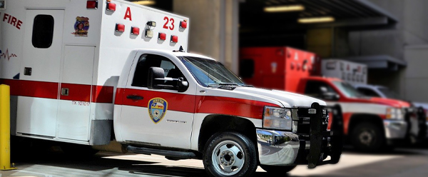 Ambulance parked in a building.