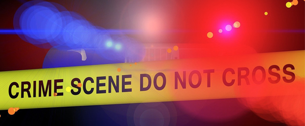 Crime scene banner with red and blue emergency lights.