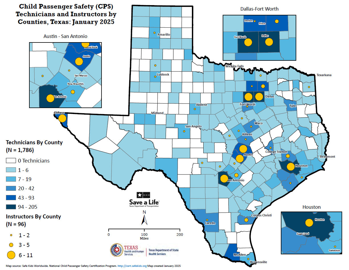 CPS Technicians and Instructors by Counties, Texas, January 2025