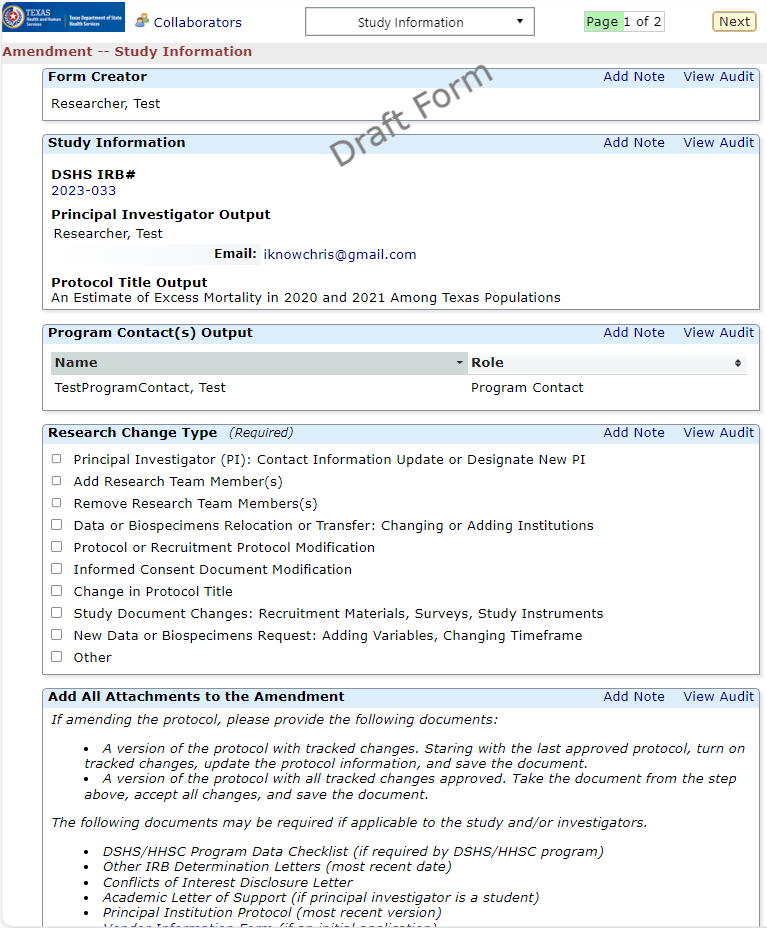 "Screenshot of the Amendment form"