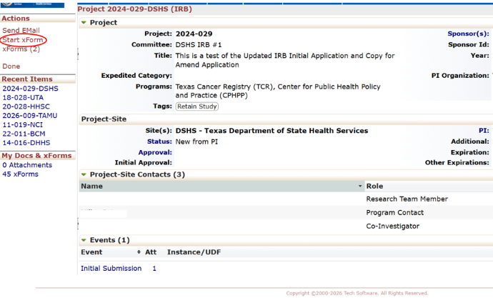 Screenshot of Protocol Details with Start xForm Highlighted
