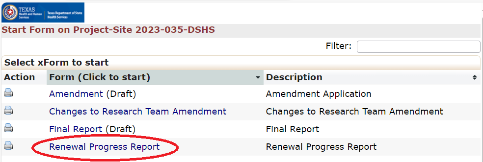 "Screenshot of xForms to Start with the Renewal Progress Report Form Highlighted"