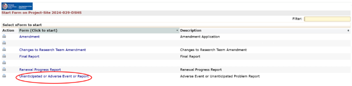 Screenshot of xForms to Start with the Unanticipated or Adverse Event Report Form Highlighted