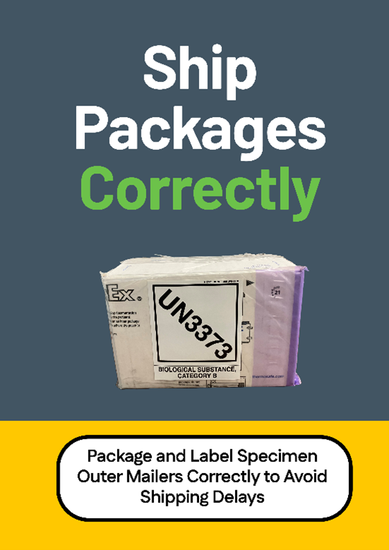 A miniature poster with the header "Ship Packages Correctly" and "Package and Label Specimen Outer Mailers Correctly to Avoid Shipping Delays". Middle of poster has an image of a labeled shipping package