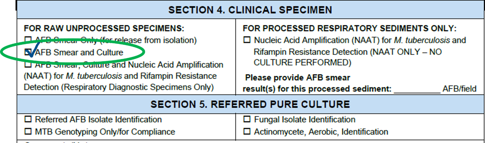 "A close-up of Sections 4 and 5 of a G-MYCO specimen submission form. AFB Smear and Culture is selected with a check mark."