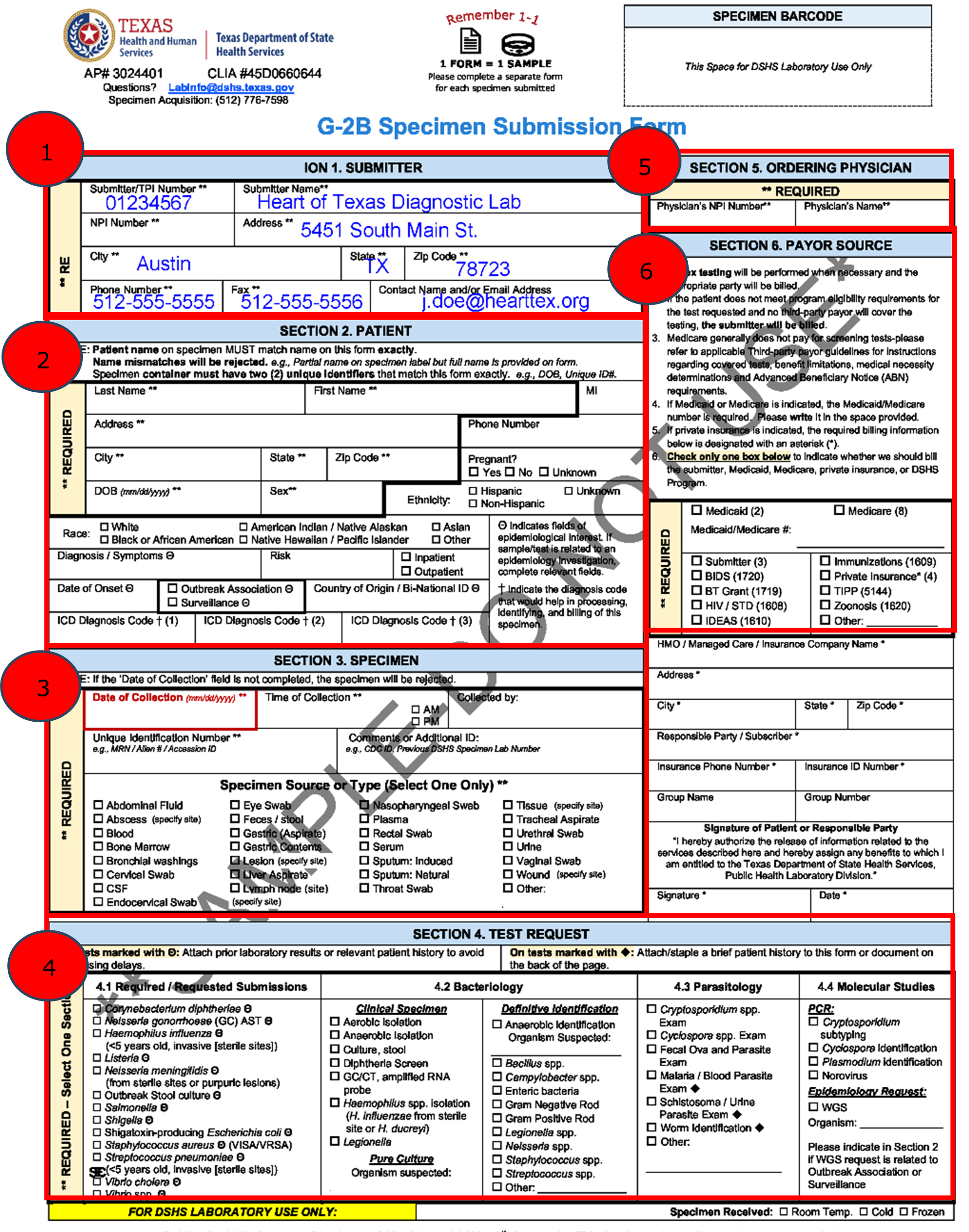 A sample specimen submission form with the required fields highlighted and numbered.