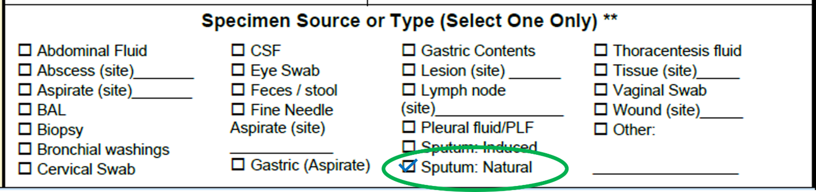 "A screenshot of an excerpt from a G-MYCO specimen submission form that lists specimen sources or types. "Sputum: Natural" is marked with a check mark"