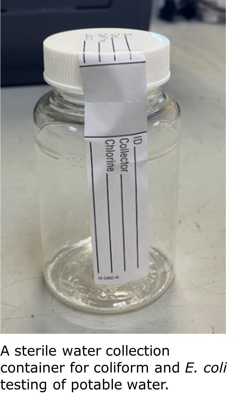 A sterile water collection container for coliform and E. coli testing of potable water.