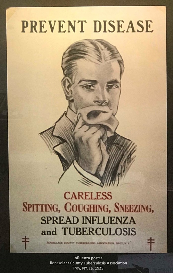 "A vintage Flu and TB prevention poster with a drawing showing a person holding a handkerchief to his mouth"