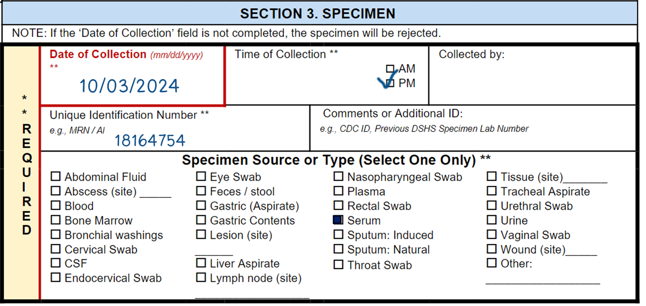 An excerpt from Section 3 of a specimen submission form with sample date of collection and unique identification number.  A serum Specimen Source of Type is also checked.