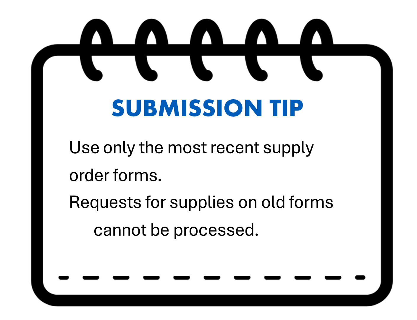 SUBMISSION TIP Use only the most recent supply order forms. • Requests for supplies on old forms cannot be processed.