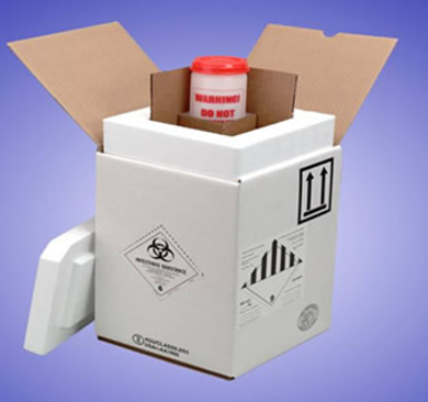 An appropriate shipping container for a Category A infectious substance. A cylindrical container with a lid inside a polystyrene box that is nested in a cardboard outer mailer.