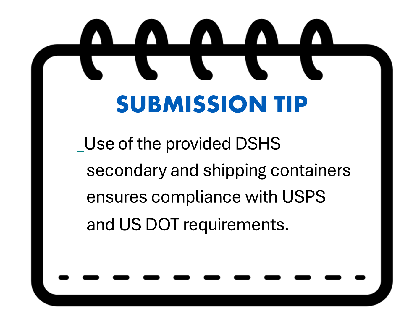Use of the provided DSHS secondary and shipping containers ensures compliance with USPS and US DOT requirements.
