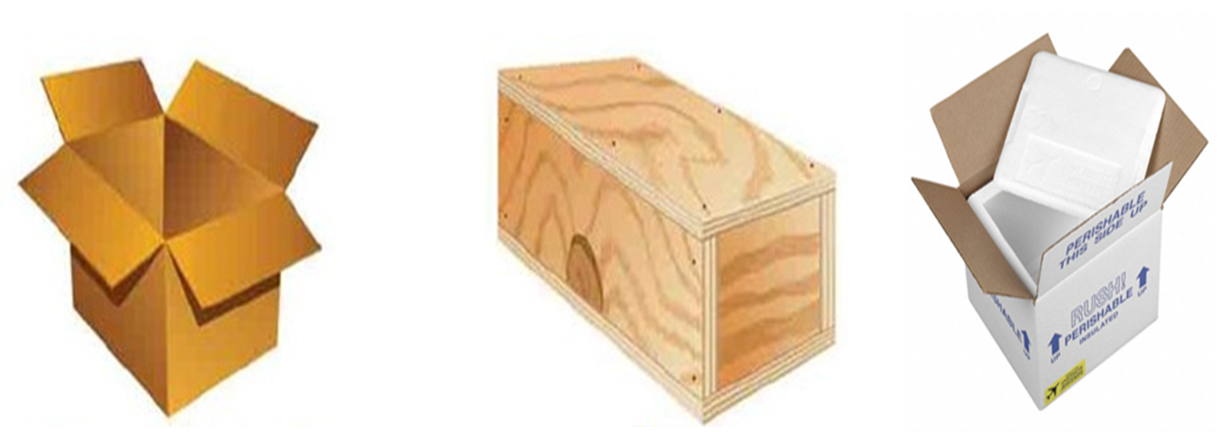 "At left, a colored line drawing of an open and empty corrugated cardboard box. The image label identifies it as "Corrugated Fiberboard". At right, a colored line drawing of a closed plywood box. The image label identifies it as "Wood". "